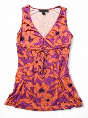 VTG Express Design Studio Silk Floral Babydoll Top Tie Front Orange Purple Small